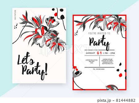 Floral party invitation card template design, Cananga odorata, Amsoniain, tulip, Magnolia champaca Floral party invitation card template design, Cananga odorata, Amsoniain, tulip, Magnolia champaca 81444882