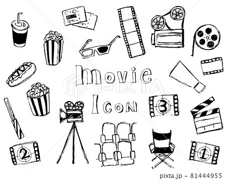 白黒の手描き映画アイコンセットのイラスト素材