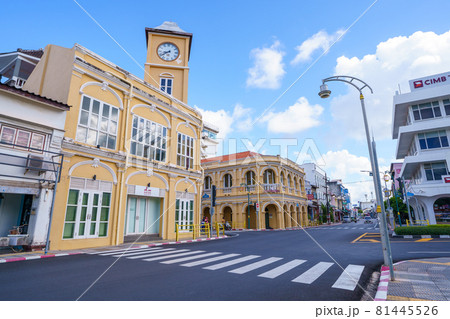 Phuket old town with Building Sino Portuguese architecture at Phuket Old Town area Phuket, Thailand. 81445526