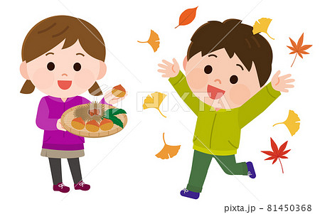 秋イメージ 落ち葉で遊ぶ男の子 栗拾いをする女の子 イラストのイラスト素材