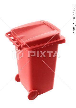 Plastic red trash can isolated on white background 81451256