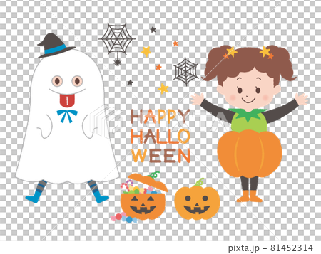 ハロウィンでおばけとかぼちゃの精の仮装をする子供 81452314