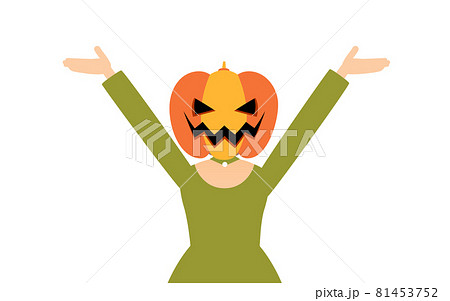 ハロウィンの仮装、カボチャのお化け姿の女の子が両腕を上げるポーズ ハロウィンの仮装、カボチャのお化け姿の女の子が両腕を上げるポーズ 81453752
