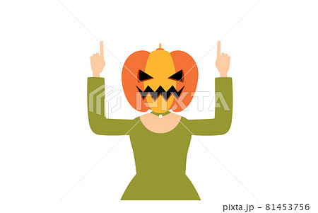 ハロウィンの仮装 カボチャのお化け姿の女の子が両手で指さしをするポーズのイラスト素材