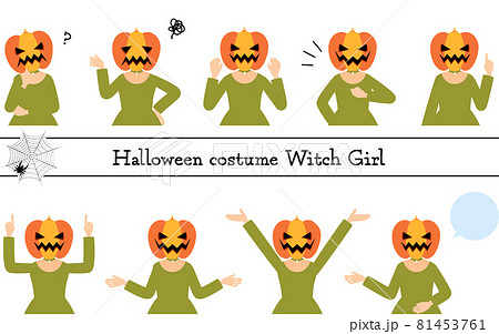 ハロウィンの仮装、カボチャのお化け姿の女の子のポーズセット～話す・悩む・指さし・他～ 81453761