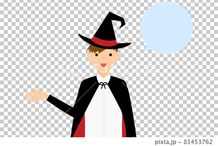 萬聖節服裝，一個男孩打扮成女巫的姿勢，伸出右手說話（帶有講話泡泡） 81453762