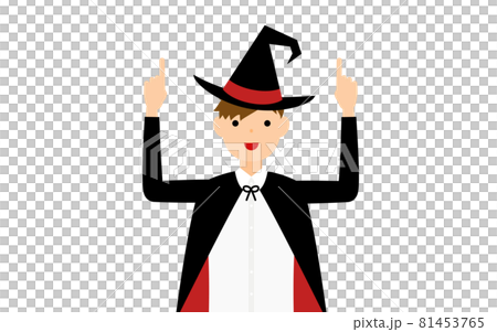 ハロウィンの仮装、魔法使い姿の男の子が両手で指さしをするポーズ 81453765