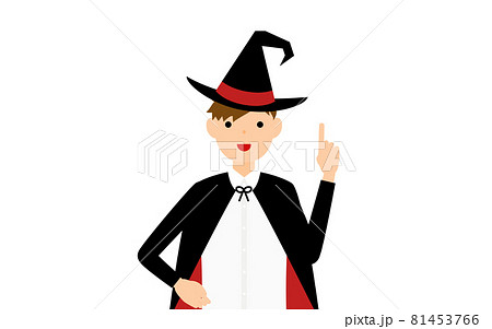 ハロウィンの仮装 魔法使い姿の男の子が指さしをするポーズのイラスト素材