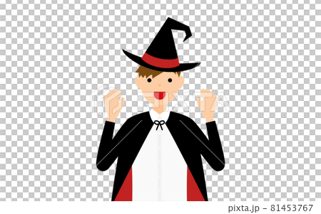 萬聖節服裝，這個姿勢讓一個打扮成女巫的男孩感到驚訝，手牽著手 81453767