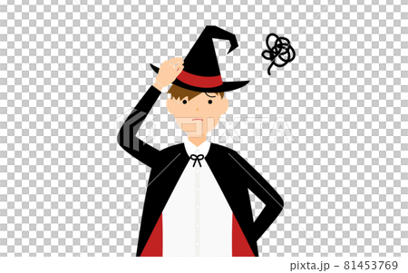 ハロウィンの仮装、魔法使い姿の男の子が頭に手を当てて困っているポーズ 81453769