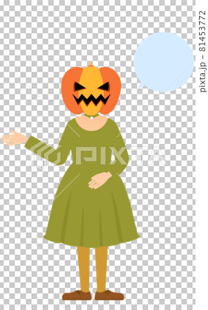 萬聖節服裝，一個幽靈般的南瓜女孩伸出右手說話的姿勢（拿著氣球） 81453772