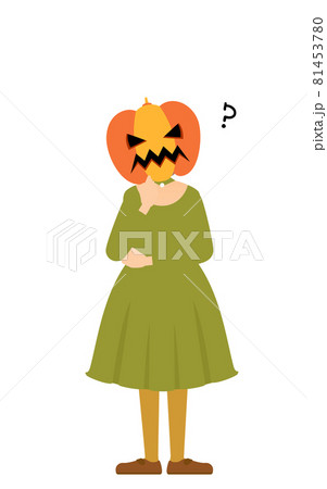 ハロウィンの仮装 カボチャのお化け姿の女の子が腕組みして悩むポーズのイラスト素材
