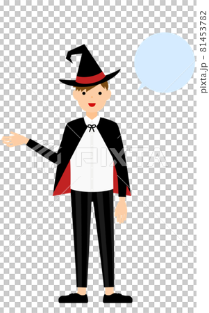 Halloween costume, a pose of a boy dressed as a witch talking with his right hand out (with a speech bubble) 81453782