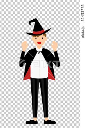 萬聖節服裝，這個姿勢讓一個打扮成女巫的男孩感到驚訝，手牽著手 81453783