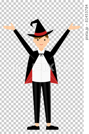 萬聖節服裝，一個男孩打扮成巫婆舉起雙臂的姿勢 81453784