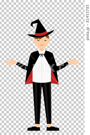 ハロウィンの仮装、魔法使い姿の男の子が両腕を広げるポーズ 81453785