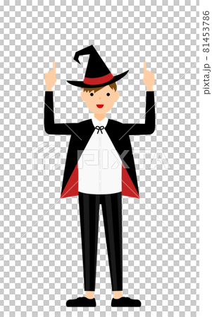 萬聖節服裝，一個男孩打扮成女巫的姿勢，雙手指著 81453786