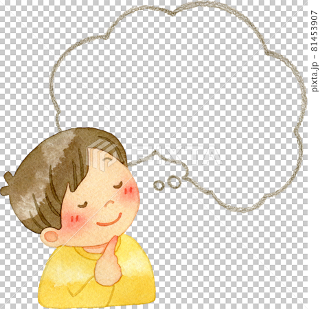 Watercolor illustration of a boy imagining (facing right, speech bubble frame, positive image) Watercolor illustration of a boy imagining (facing right, speech bubble frame, positive image) 81453907