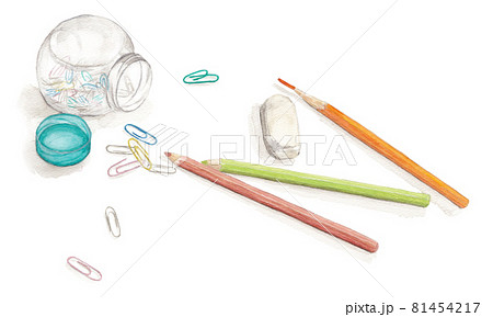 鉛筆や消しゴムなどの事務用品が置いてある絵のイラスト素材