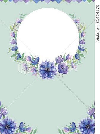 青い花の花束 水彩イラスト くすみカラー レトロな花柄 テンプレート ベクター素材のイラスト素材