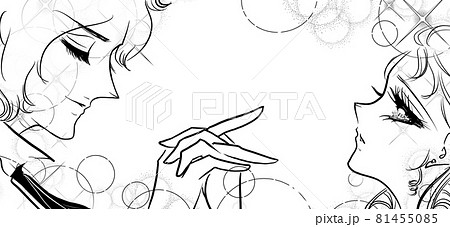 70年代少女漫画手を繋ぐラブラブカップルと薔薇背景のイラスト素材