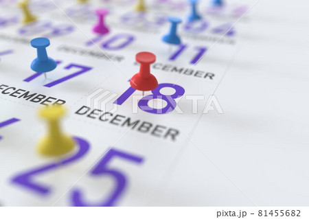December 18 date and push pin on a calendar, 3D rendering 81455682