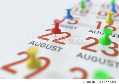 August 22 date and push pin on a calendar, 3D rendering August 22 date and push pin on a calendar, 3D rendering 81455689