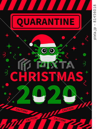 Quarantine Christmas lettering with cute cartoon virus wearing mask. Winter holidays in coronavirus COVID-19 pandemic. Vector template for typography poster, banner, greeting card. etc 81456018