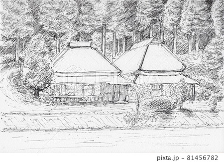 里山の古民家のイラスト素材 里山の古民家のイラスト素材