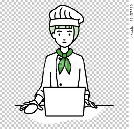 A cook woman sitting at a desk and using a PC A cook woman sitting at a desk and using a PC 81457780