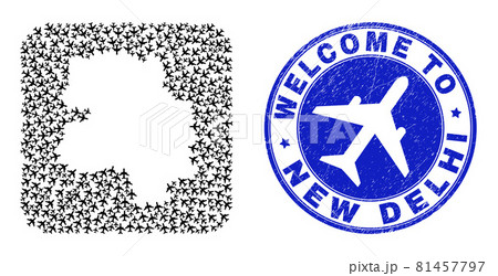 Welcome Grunge Stamp Seal and New Delhi City Map Airlines Stencil Mosaic 81457797