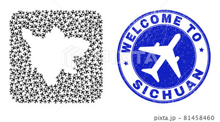 Welcome Grunge Stamp and Sichuan Province Map Airliner Inverted Mosaic Welcome Grunge Stamp and Sichuan Province Map Airliner Inverted Mosaic 81458460
