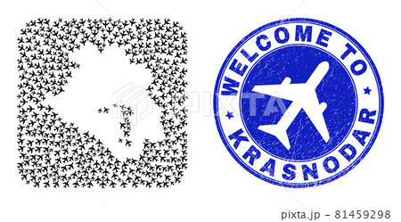 Welcome Rubber Stamp Seal and Krasnodarskiy Kray Map Airline Stencil Mosaic Welcome Rubber Stamp Seal and Krasnodarskiy Kray Map Airline Stencil Mosaic 81459298
