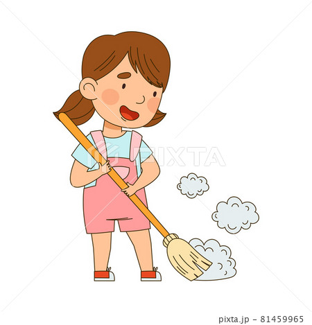 Little Girl Sweeping the Floor with Broom Vector Illustration 81459965