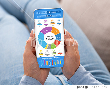 Female hands using cellphone, checking monthly family expenses Female hands using cellphone, checking monthly family expenses 81460869