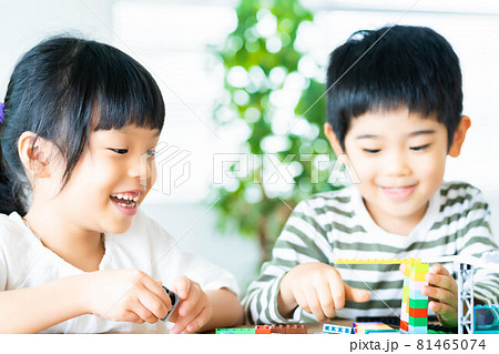 ブロックで仲良く遊ぶ女の子と男の子の兄弟 81465074