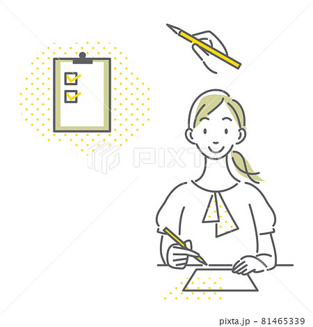申込用紙に記入する女性 シンプルでお洒落な線画イラストのイラスト素材