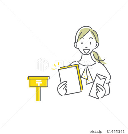 郵便で資料を受け取る女性　シンプルでお洒落な線画イラスト 81465341
