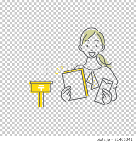 郵便で資料を受け取る女性　シンプルでお洒落な線画イラスト 81465341