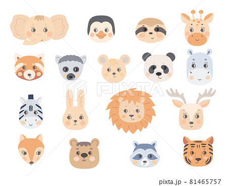 A set of faces of cute animals in red beige and gray blue colors. Heads of funny fox, elephant, tiger, lion, lemur, panda, penguin, sloth. Vector for the design of baby clothes and posters A set of faces of cute animals in red beige and gray blue colors. Heads of funny fox, elephant, tiger, lion, lemur, panda, penguin, sloth. Vector for the design of baby clothes and posters 81465757