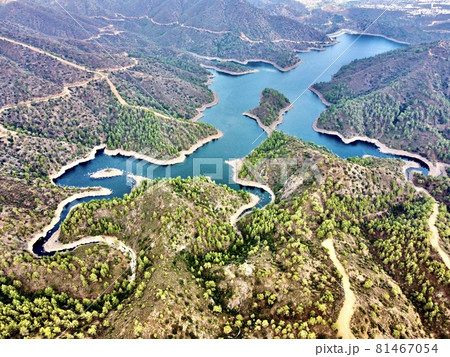 Aerial bird's eye drone view of water Lefkara reservoir river lake Cyprus  81467054