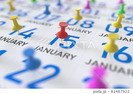 January 15 date and push pin on a calendar, 3D rendering 81467922