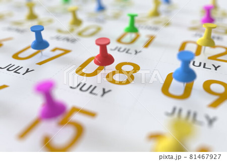 July 8 date and push pin on a calendar, 3D rendering 81467927