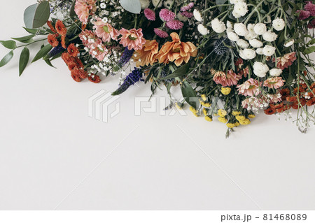 Decorative floral frame, banner. Closeup of Gypsophila and colorful santini mums flowers with eucalyptus isolated on white table background. Empty copy space, top view. Wedding, birthday concept. 81468089