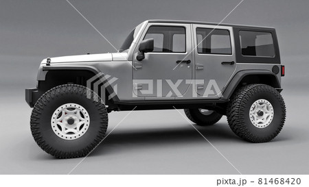 Powerful gray tuned SUV for expeditions in mountains, swamps, desert and any rough terrain. Big wheels, lift suspension for steep obstacles. 3D illustration on grey background. 3d rendering. Powerful gray tuned SUV for expeditions in mountains, swamps, desert and any rough terrain. Big wheels, lift suspension for steep obstacles. 3D illustration on grey background. 3d rendering. 81468420