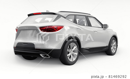 A white ultra-modern SUV with a catchy expressive design for young people and families on a white isolated background. Bright glowing headlights. 3d illustration. 81469292