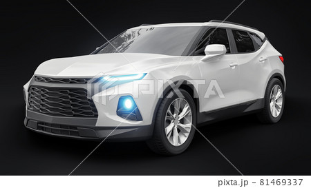 Ultra-modern SUV with a catchy expressive design for young people and families on a black isolated background. Bright glowing headlights. 3d illustration. 81469337