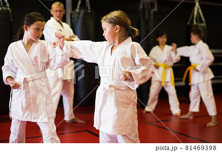 School girls practicing new karate moves in pairs School girls practicing new karate moves in pairs 81469398