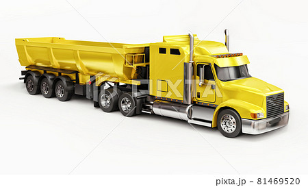 Large yellow American truck with a trailer type dump truck for transporting bulk cargo on a white background. 3d illustration. 81469520