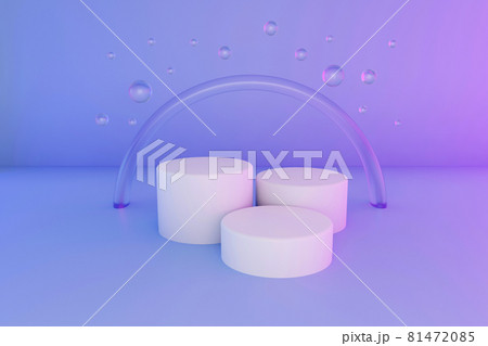 Pastel violet minimal three 3d background with neon effect. Poster design with studio podium platform, glass balls and glowing spheres. Abstract 3d render.  81472085
